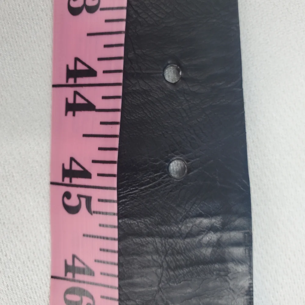 Black leather belt silver tone buckle